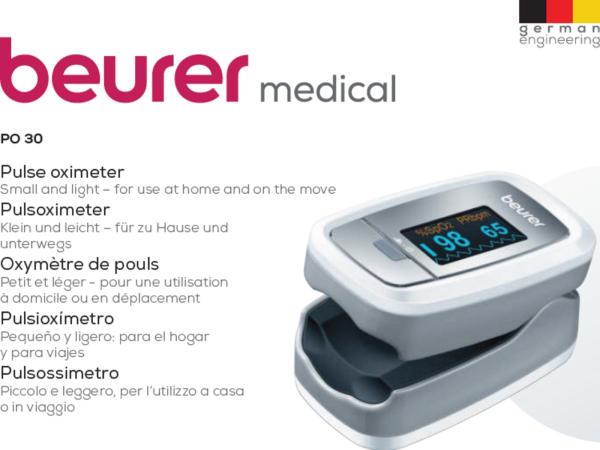 beurer medical PO30 Pulsoximeter Sauerstoffsättigung Puls LCD Halteband Tasche