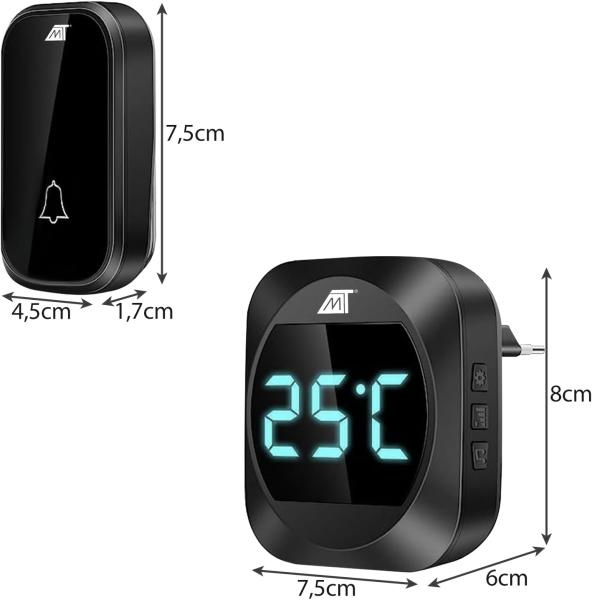 MALATEC Kabellose Türklingel 52 Klänge 200m IP44 mit Batterie Temperatur Schwarz