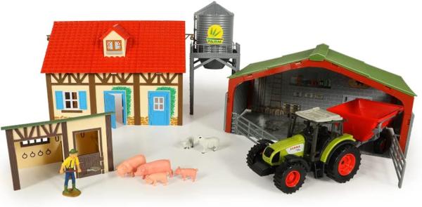 Kinder Spielzeug Farm Set Bauernhof Claas Trecker Traktor Anhänger Tiere Silo